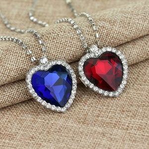 Red or Blue Heart & Crystal Titanic Necklace